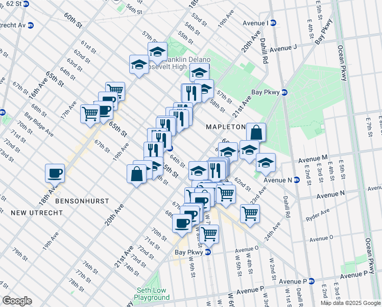 map of restaurants, bars, coffee shops, grocery stores, and more near 2057 63rd Street in Brooklyn