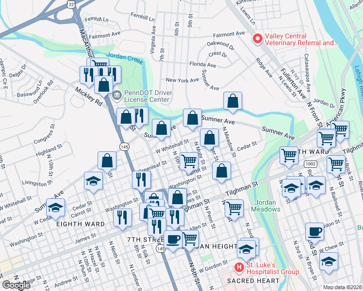 map of restaurants, bars, coffee shops, grocery stores, and more near 933 North 5th Street in Allentown