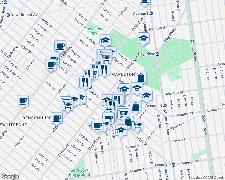 map of restaurants, bars, coffee shops, grocery stores, and more near 2101 62nd Street in Brooklyn