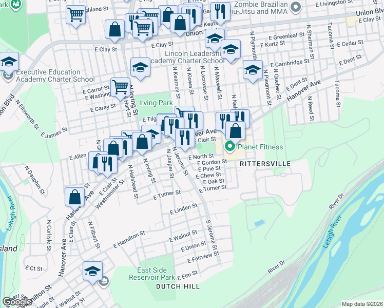 map of restaurants, bars, coffee shops, grocery stores, and more near 425 North Kearney Street in Allentown