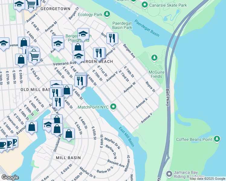 map of restaurants, bars, coffee shops, grocery stores, and more near 2249 East 70th Street in Brooklyn