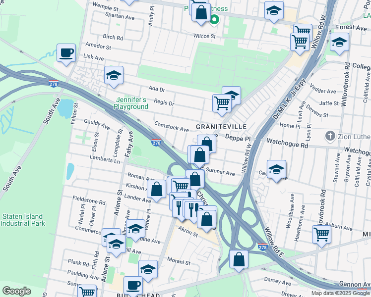 map of restaurants, bars, coffee shops, grocery stores, and more near 66 Domain Street in Staten Island