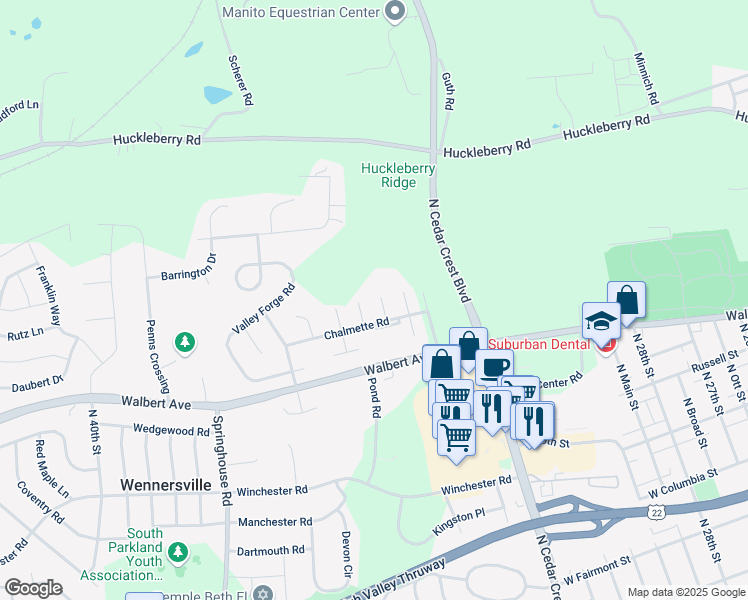 map of restaurants, bars, coffee shops, grocery stores, and more near 1726 Sequoia Court in Allentown