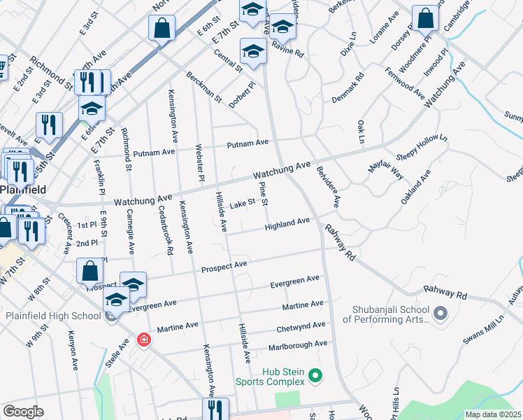 map of restaurants, bars, coffee shops, grocery stores, and more near 938 Pine Street in Plainfield