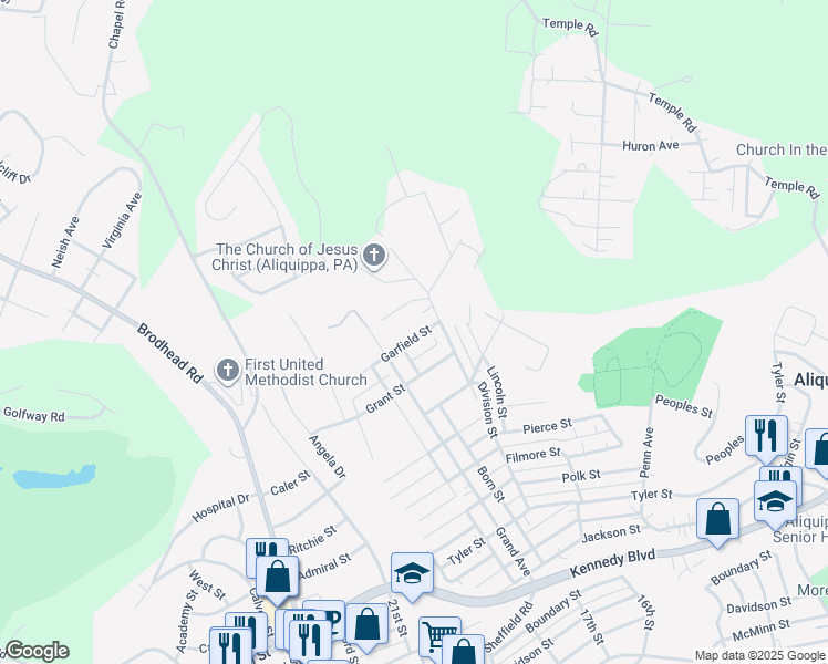 map of restaurants, bars, coffee shops, grocery stores, and more near 1740 Garfield Street in Aliquippa