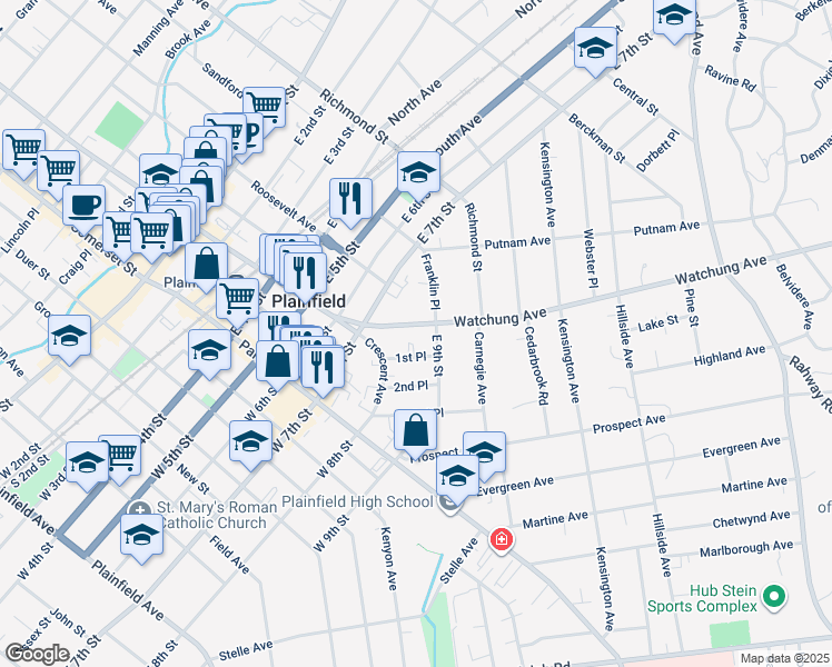 map of restaurants, bars, coffee shops, grocery stores, and more near 734 Watchung Avenue in Plainfield