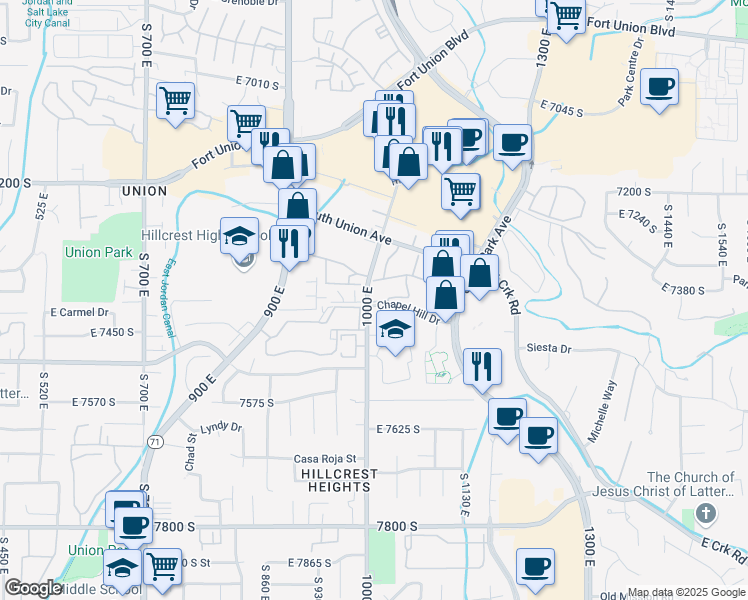map of restaurants, bars, coffee shops, grocery stores, and more near 7396s Union Creek Way in Midvale