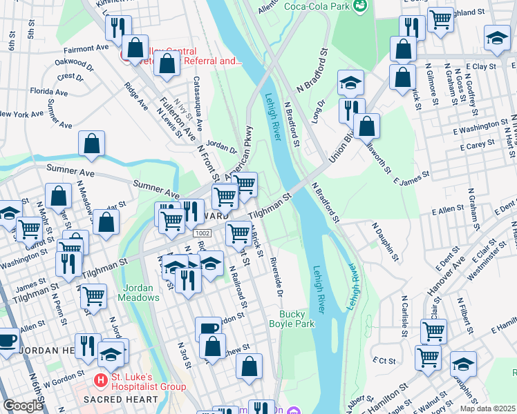 map of restaurants, bars, coffee shops, grocery stores, and more near 1 Tilghman Street in Allentown