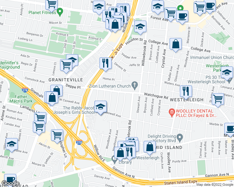 map of restaurants, bars, coffee shops, grocery stores, and more near 470 Watchogue Road in Staten Island