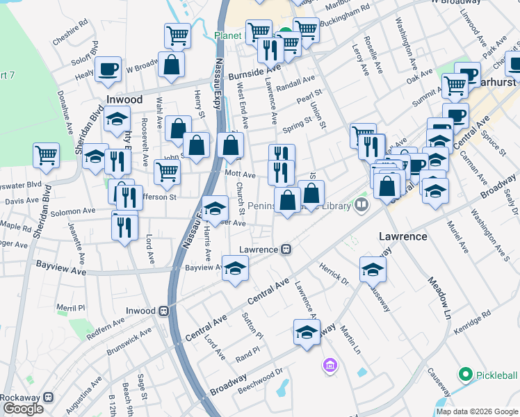 map of restaurants, bars, coffee shops, grocery stores, and more near 28 Clinton Avenue in Inwood