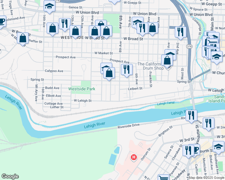 map of restaurants, bars, coffee shops, grocery stores, and more near 250 9th Avenue in Bethlehem