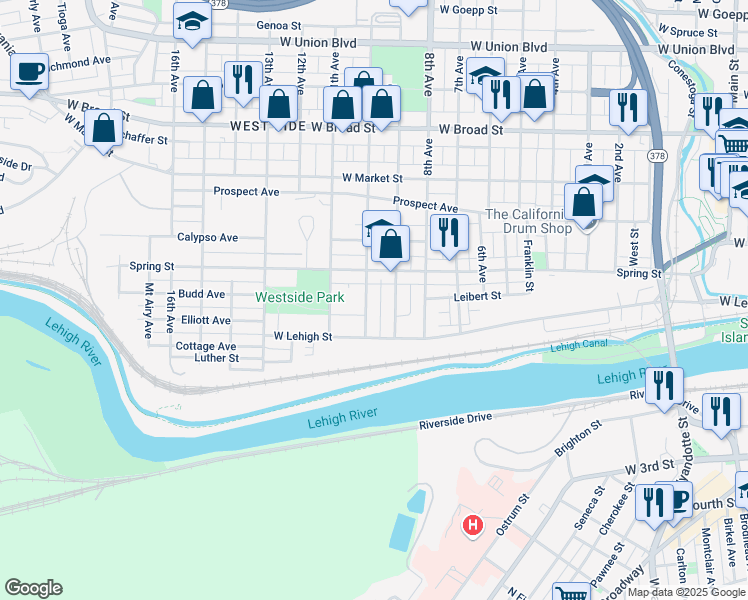 map of restaurants, bars, coffee shops, grocery stores, and more near 254 10th Avenue in Bethlehem
