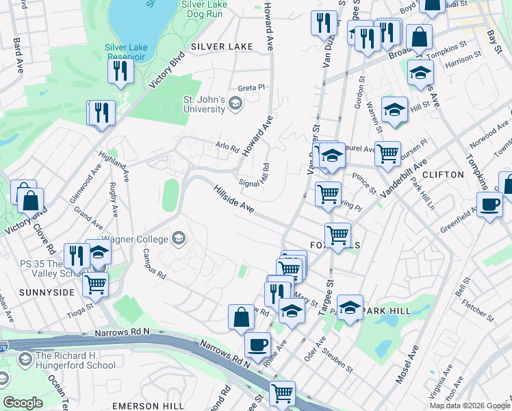 map of restaurants, bars, coffee shops, grocery stores, and more near 151 Hillside Avenue in Staten Island