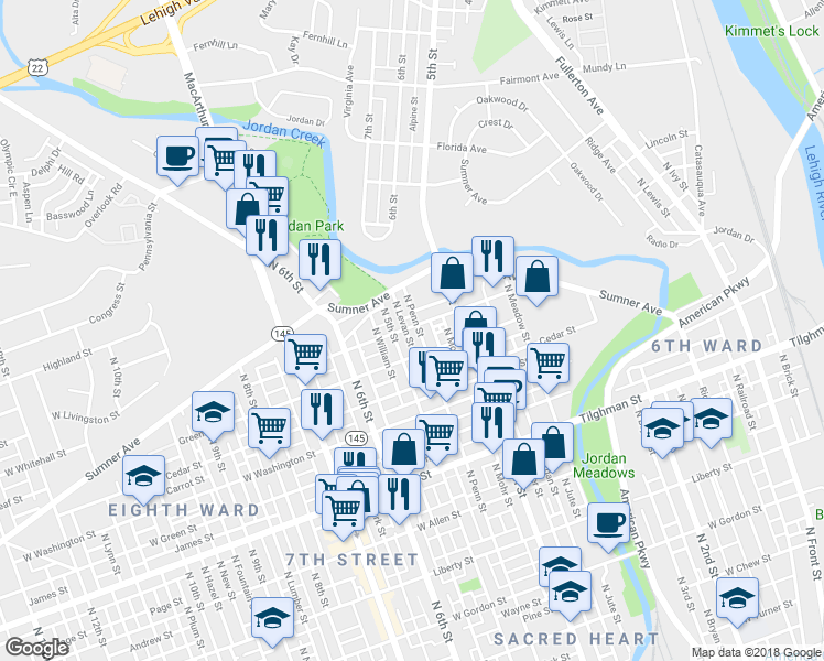 map of restaurants, bars, coffee shops, grocery stores, and more near 932 North Penn Street in Allentown