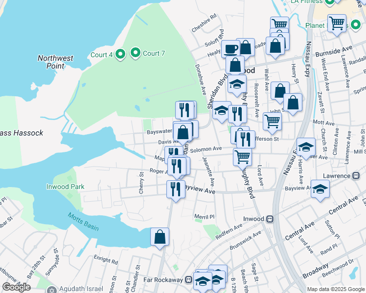 map of restaurants, bars, coffee shops, grocery stores, and more near 205 Sheridan Boulevard in Inwood