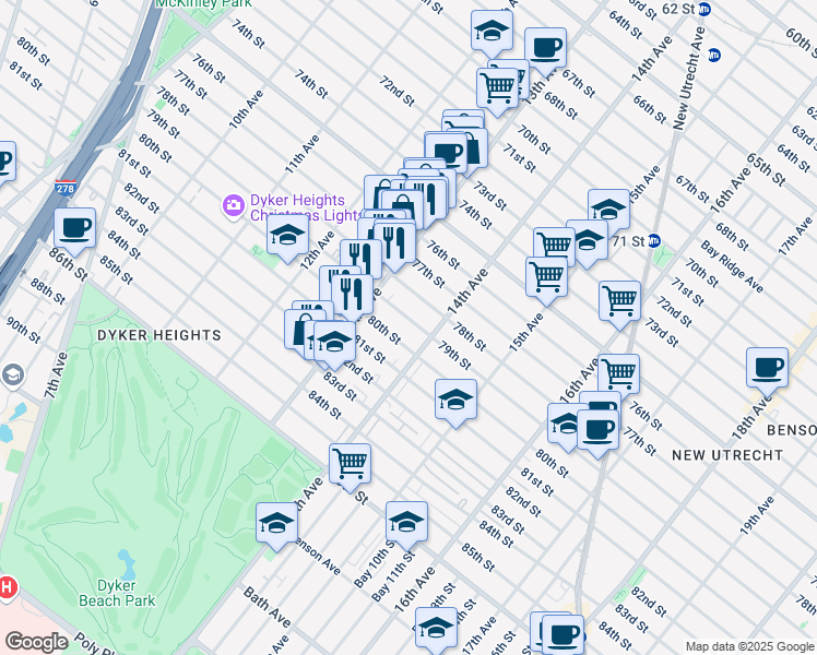 map of restaurants, bars, coffee shops, grocery stores, and more near 1358 79th Street in Brooklyn