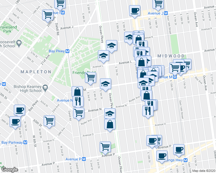 map of restaurants, bars, coffee shops, grocery stores, and more near Brooklyn-Queens Greenway & Avenue M in Brooklyn