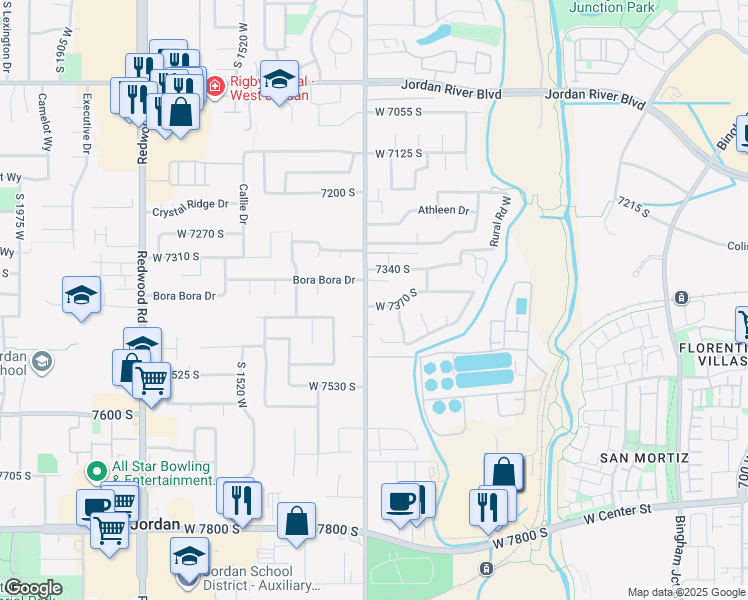 map of restaurants, bars, coffee shops, grocery stores, and more near 7388 Johnson Ridge Circle in West Jordan