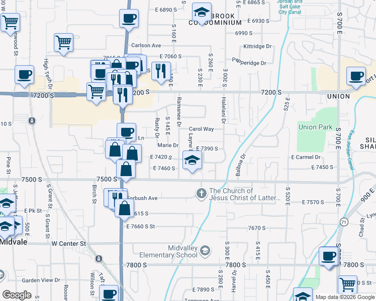 map of restaurants, bars, coffee shops, grocery stores, and more near 7400 Layne Drive in Midvale