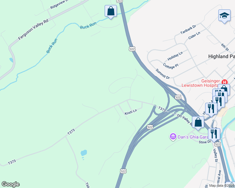 map of restaurants, bars, coffee shops, grocery stores, and more near 225 Cornfield Circle in Lewistown