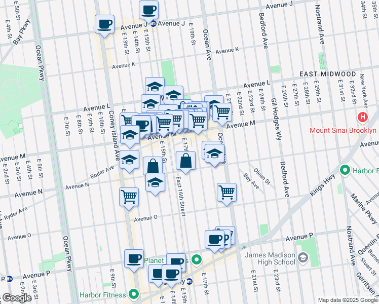 map of restaurants, bars, coffee shops, grocery stores, and more near 1365 East 17th Street in Brooklyn