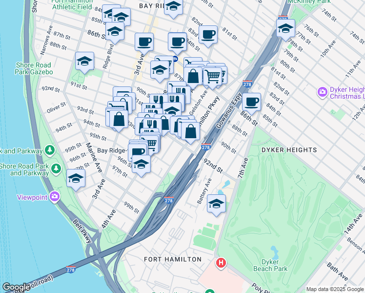map of restaurants, bars, coffee shops, grocery stores, and more near 546 92nd Street in Brooklyn