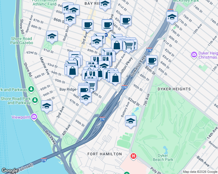 map of restaurants, bars, coffee shops, grocery stores, and more near 546 92nd Street in Brooklyn