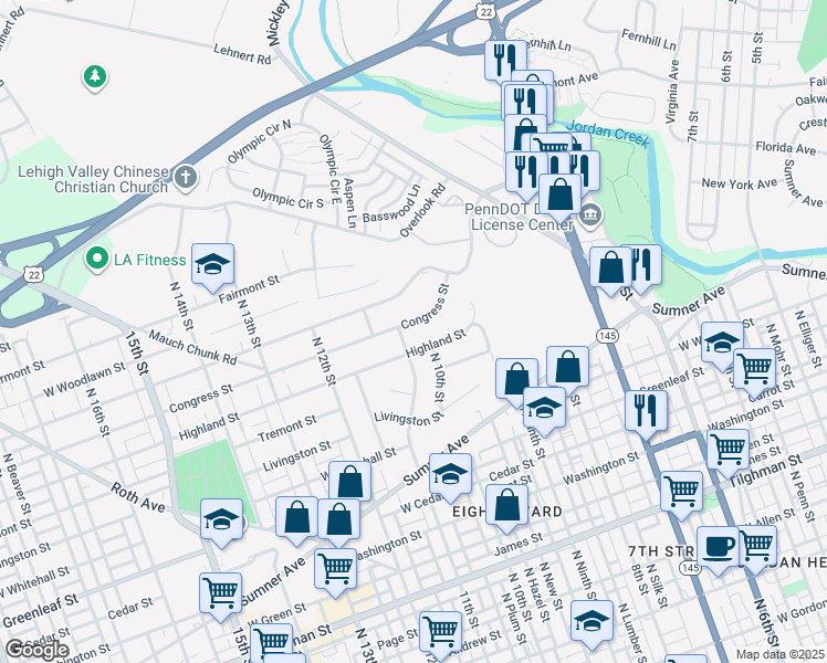 map of restaurants, bars, coffee shops, grocery stores, and more near 1020 Congress St in Fullerton