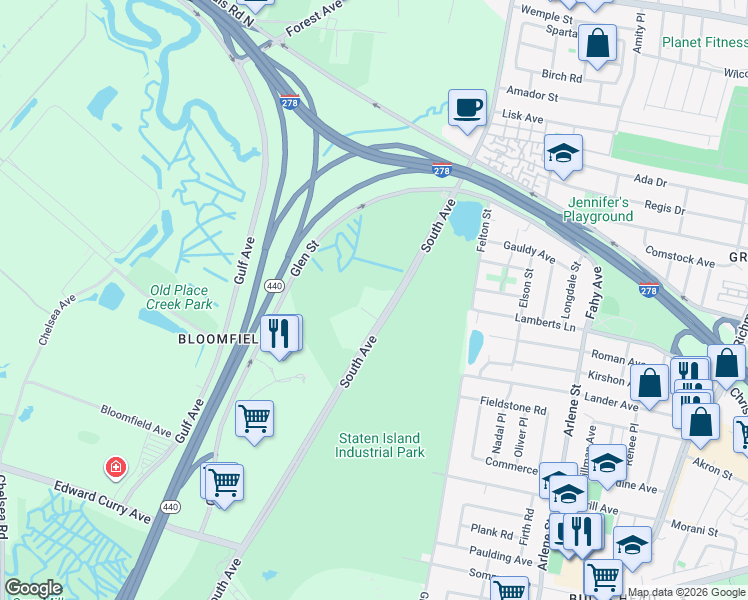 map of restaurants, bars, coffee shops, grocery stores, and more near 900 South Avenue in Staten Island