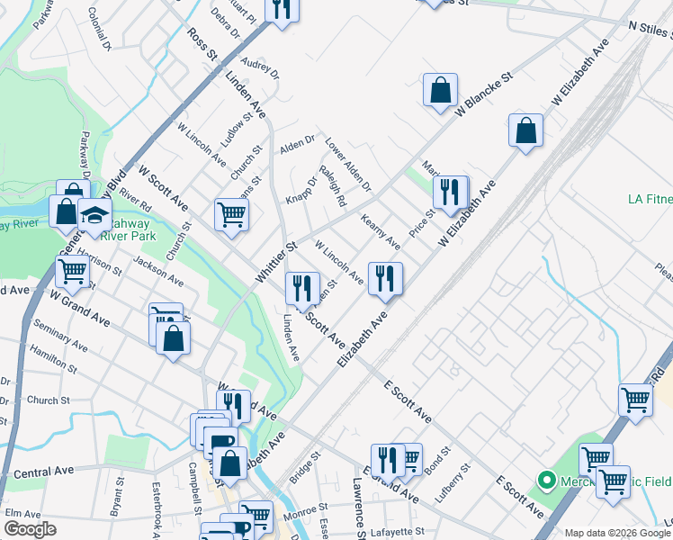 map of restaurants, bars, coffee shops, grocery stores, and more near 2172 Allen Street in Rahway