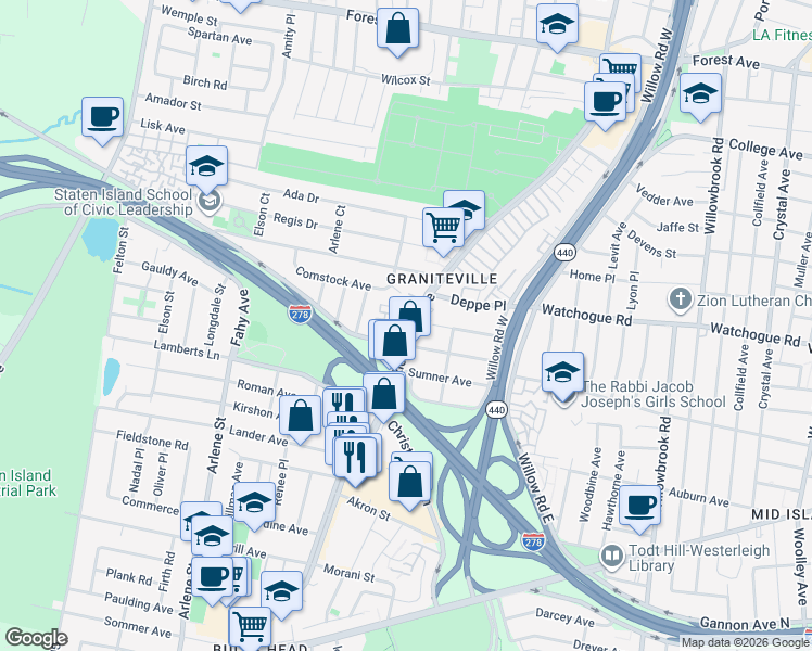map of restaurants, bars, coffee shops, grocery stores, and more near 1300 Richmond Avenue in Staten Island