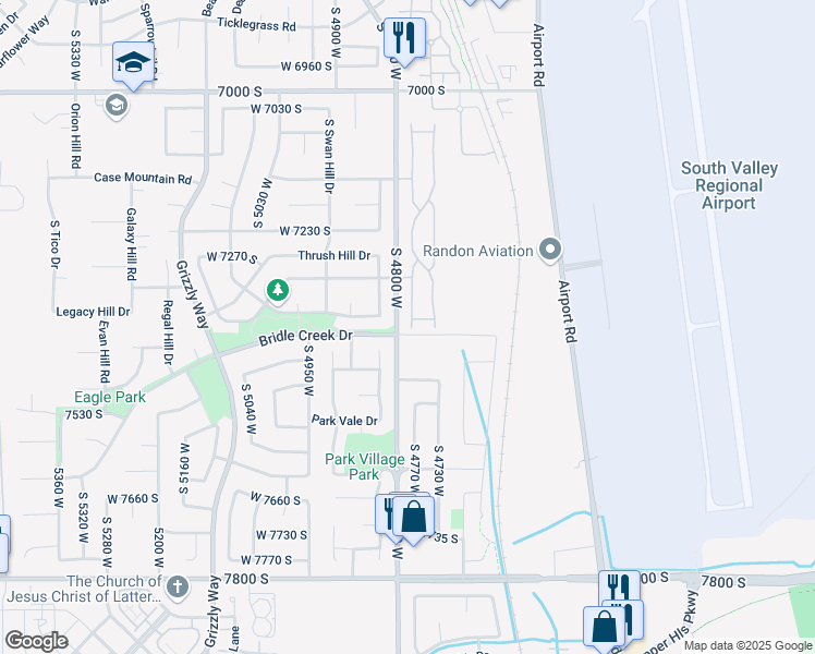 map of restaurants, bars, coffee shops, grocery stores, and more near 7388 Geralee Lane in West Jordan