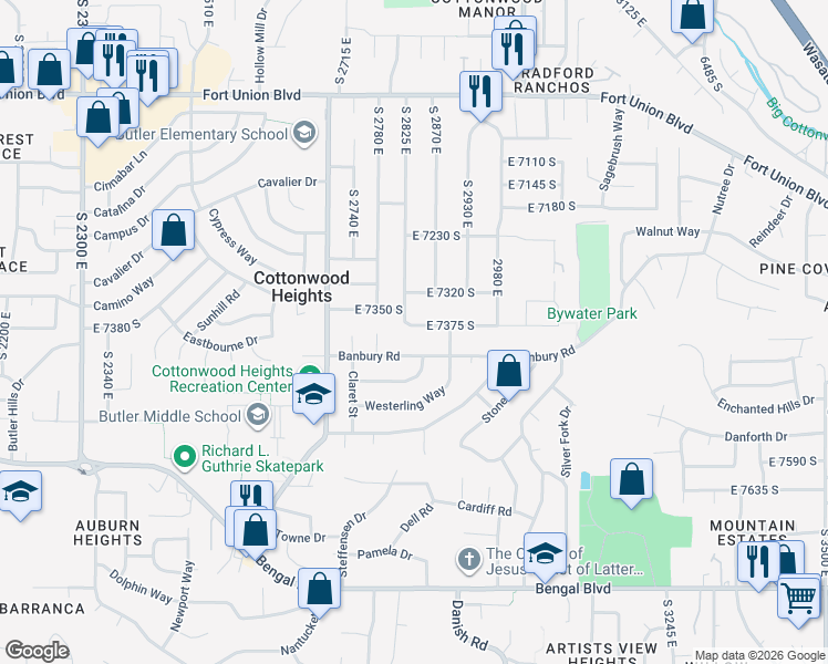 map of restaurants, bars, coffee shops, grocery stores, and more near 2842 East 7375 South in Cottonwood Heights