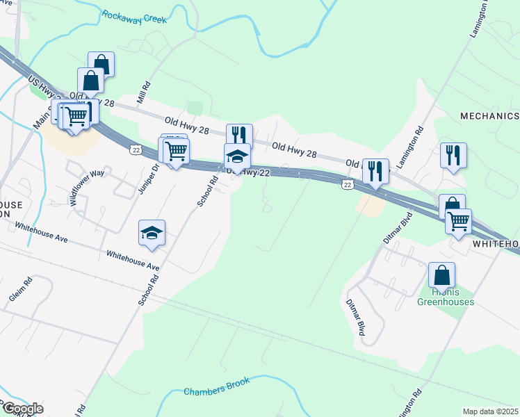 map of restaurants, bars, coffee shops, grocery stores, and more near 1219 Berry Farm Road in Whitehouse