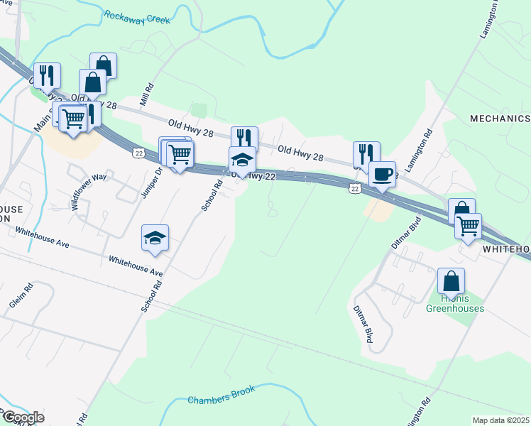 map of restaurants, bars, coffee shops, grocery stores, and more near 1219 Berry Farm Road in Readington Township