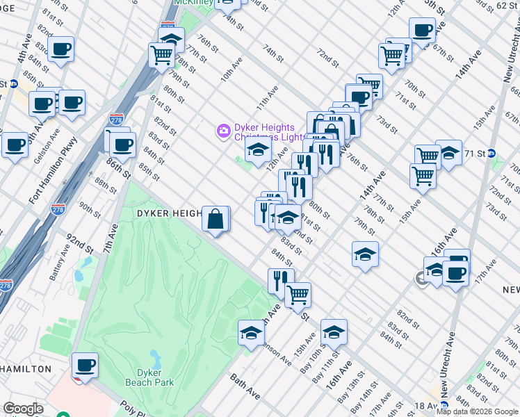 map of restaurants, bars, coffee shops, grocery stores, and more near 1232 82nd Street in Brooklyn