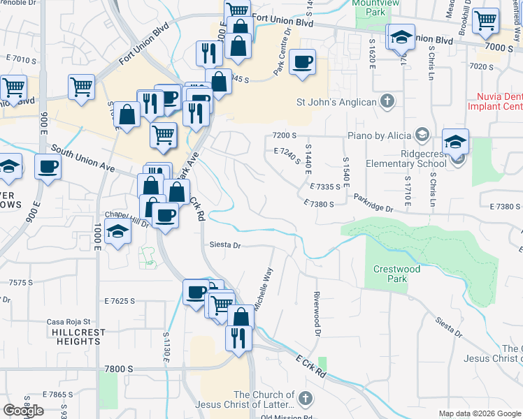 map of restaurants, bars, coffee shops, grocery stores, and more near 1315 Milne Lane in Cottonwood Heights