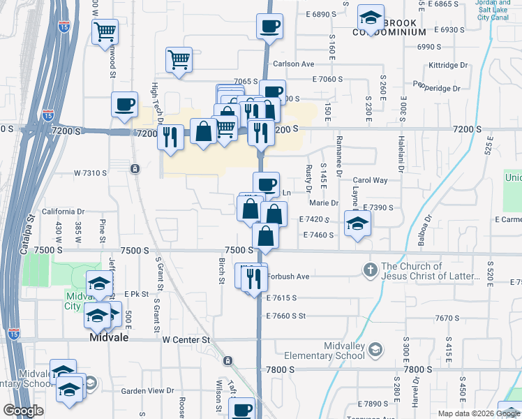map of restaurants, bars, coffee shops, grocery stores, and more near 7400 U.S. 89 in Midvale
