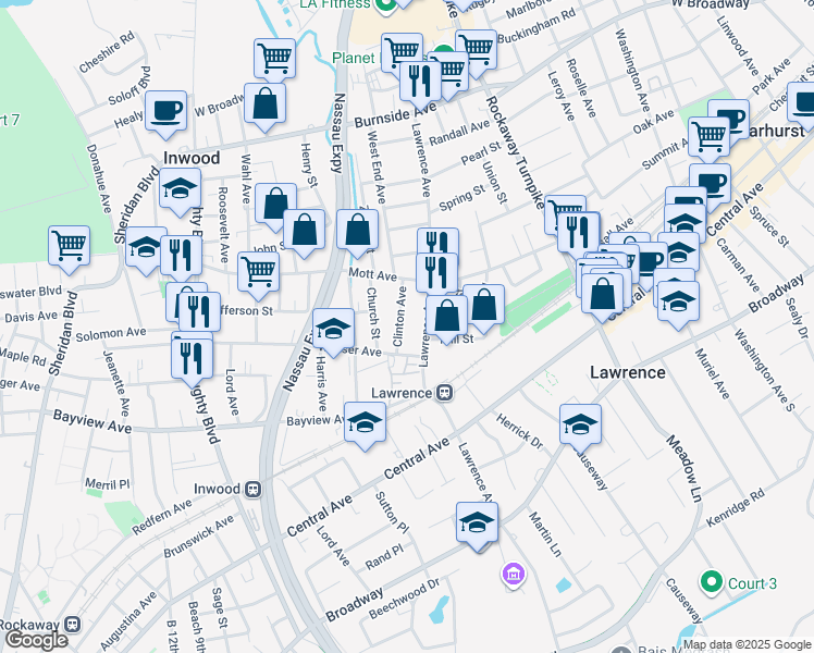 map of restaurants, bars, coffee shops, grocery stores, and more near 28 Clinton Avenue in Inwood