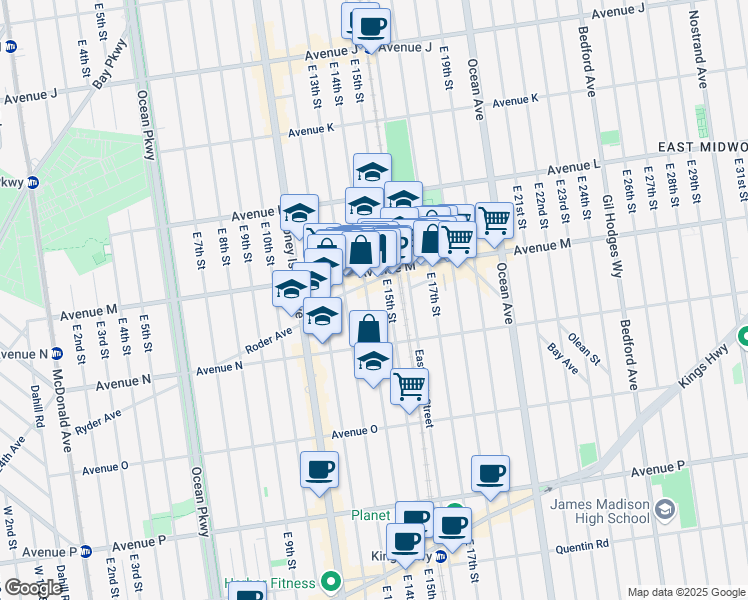 map of restaurants, bars, coffee shops, grocery stores, and more near 1337 East 14th Street in Brooklyn