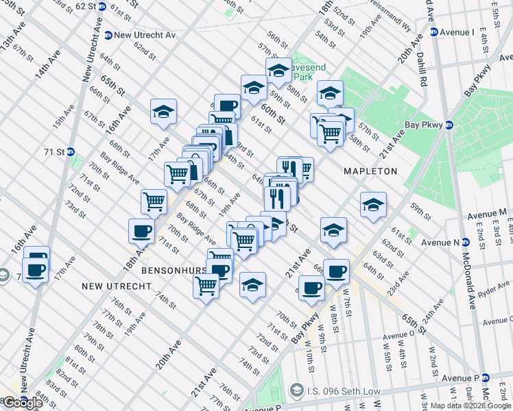 map of restaurants, bars, coffee shops, grocery stores, and more near 1932 65th Street in Brooklyn