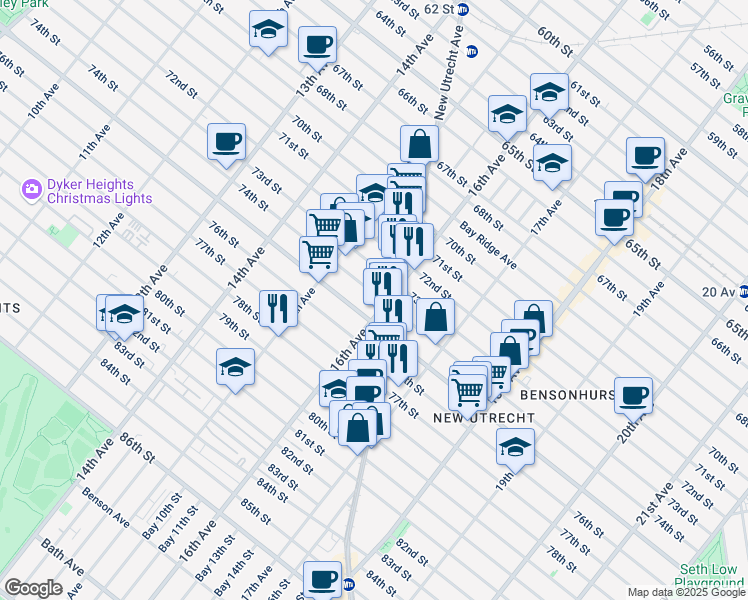 map of restaurants, bars, coffee shops, grocery stores, and more near 1566 74th Street in Brooklyn