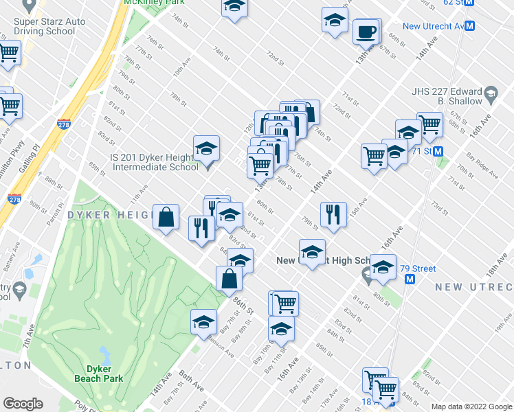 map of restaurants, bars, coffee shops, grocery stores, and more near 1318 80th Street in Brooklyn
