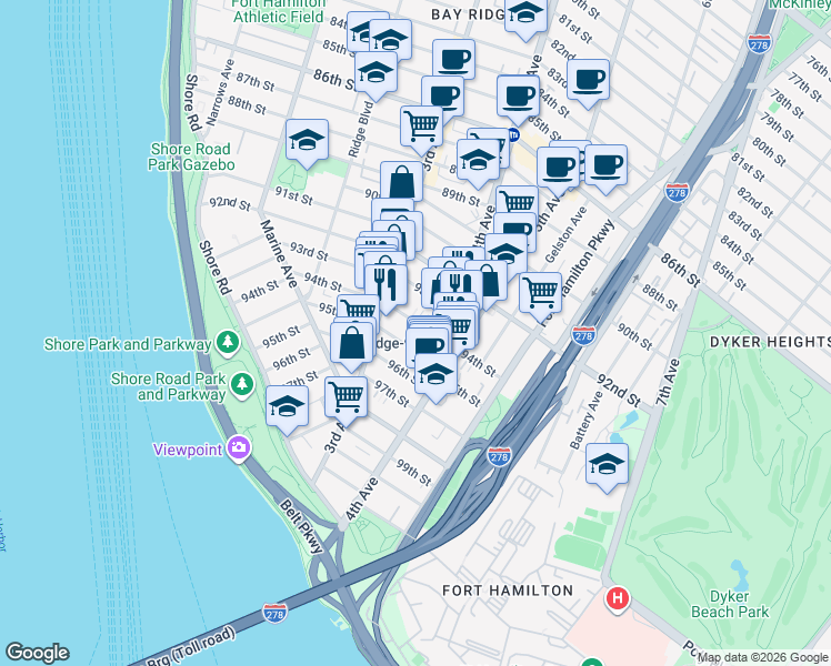 map of restaurants, bars, coffee shops, grocery stores, and more near 329 95th Street in Brooklyn