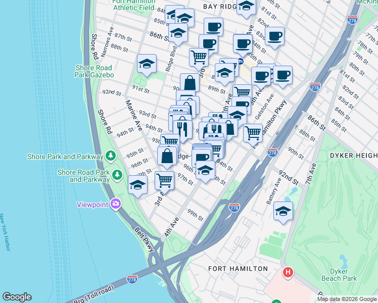 map of restaurants, bars, coffee shops, grocery stores, and more near 329 95th Street in Brooklyn