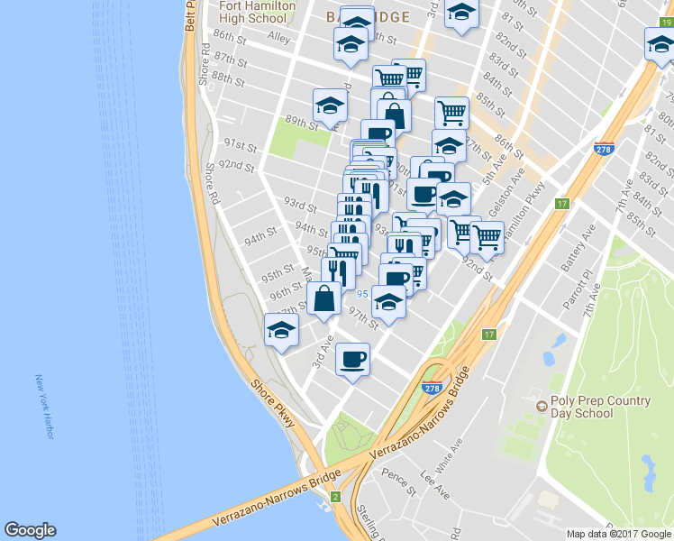 map of restaurants, bars, coffee shops, grocery stores, and more near 9512 3rd Avenue in Brooklyn