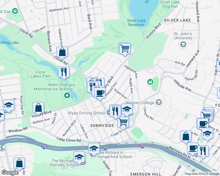map of restaurants, bars, coffee shops, grocery stores, and more near 24 Grand Avenue in Staten Island