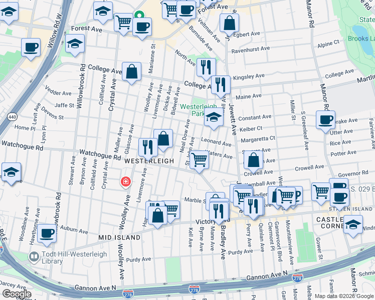 map of restaurants, bars, coffee shops, grocery stores, and more near 274 Neal Dow Avenue in Staten Island