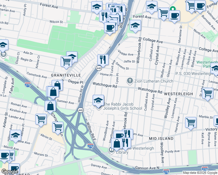 map of restaurants, bars, coffee shops, grocery stores, and more near 544 Watchogue Road in Staten Island