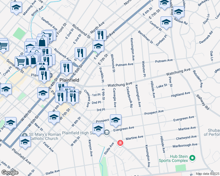 map of restaurants, bars, coffee shops, grocery stores, and more near 912-14 Watchung Avenue in Plainfield